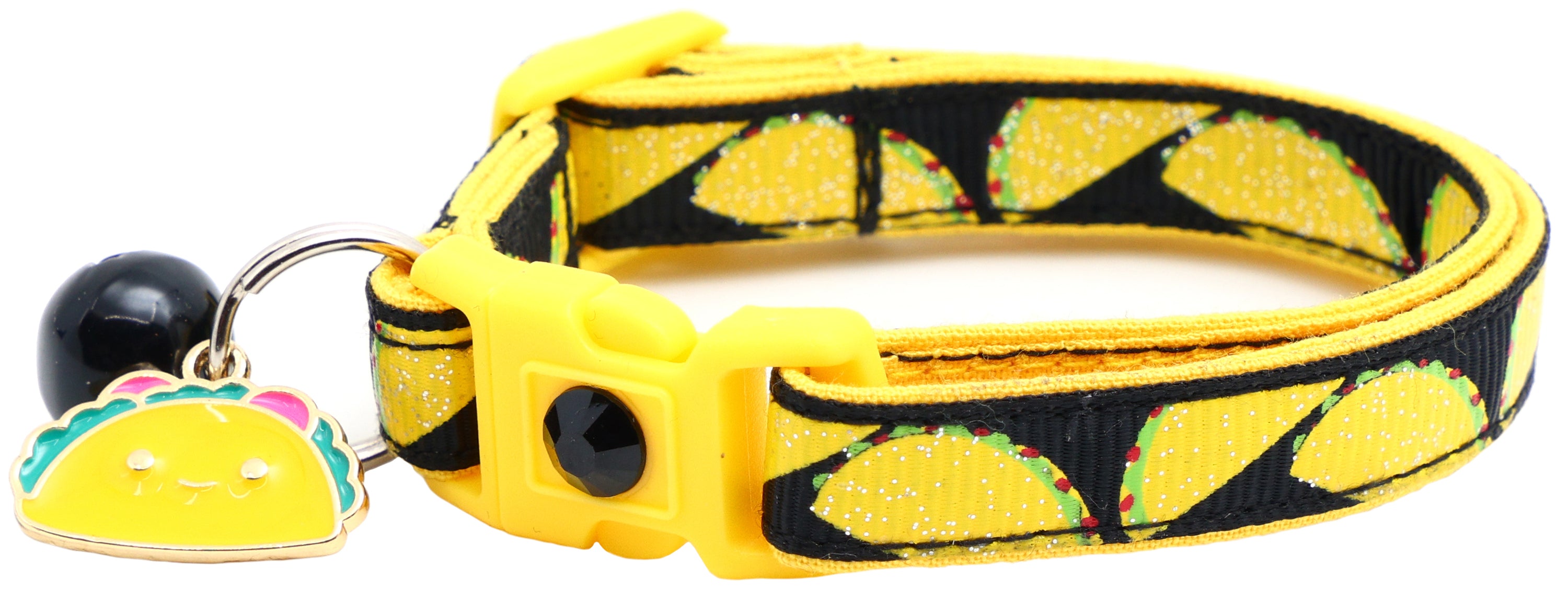 Handmade Taco Breakaway Cat Collar in reinforced cotton with breakaway clips and customizable features.
